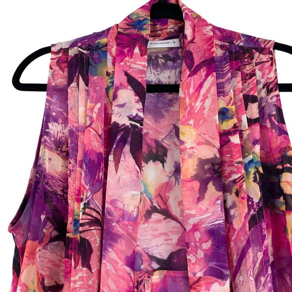 Susan Graver Pink Purple Floral Sheer Open Duster Vest Women's Medium - Picture 2 of 14